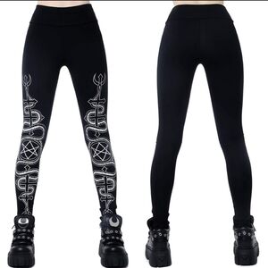 Killstar Hexa Leggings ✦ Black Cotton Blend ✦ Contrasting Graphic Wide Waistband